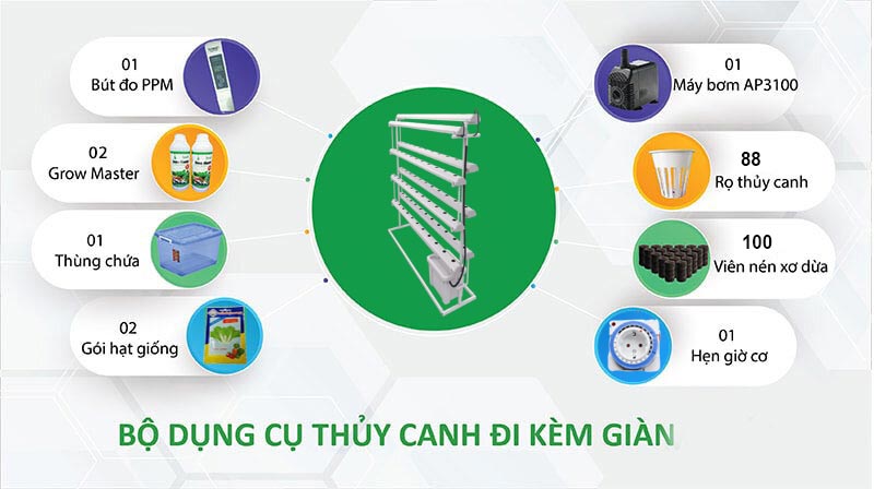 Bộ dụng cụ thủy canh đi kèm giàn thủy canh tay đỡ